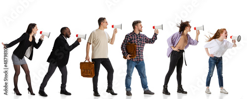 Collage. Business people  employees  office workers shouting in megaphone isolated over white studio background