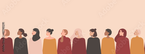 Vector banner with women of different nationalities and cultures. Women's struggle for independence, equality.