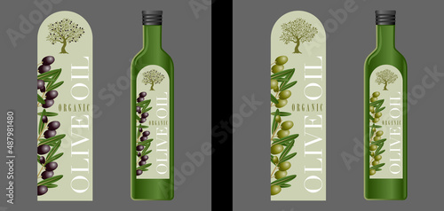 Série de 2 étiquettes pour de l’huile biologique (olives noires ou vertes) et sont rendu sur une bouteille allongée - étiquette avec un olivier, des branches d’olives 3D et une typographie raffinée.