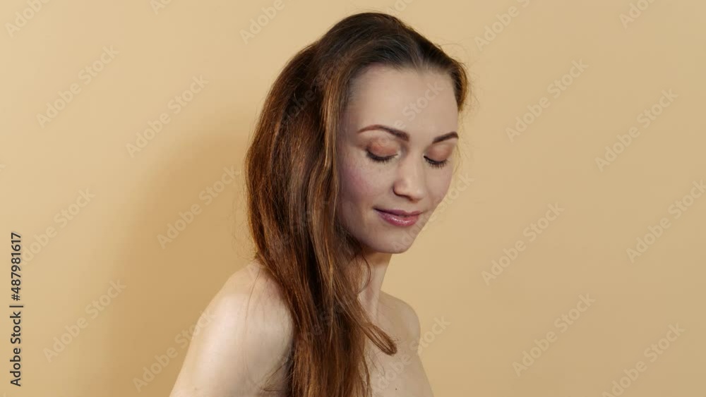 custom made wallpaper toronto digitalPortrait of attractive happy caucasian girl with clean skin isolated on beige studio background. Skin care concept.