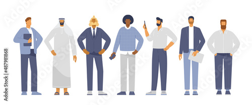 Vector collection of male characters in business style. Full length businessmen of different nationalities. Flat design illustration, isolated on white. 