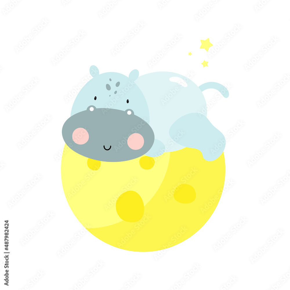 Cute Hippopotamus on the moon. Cartoon style. Vector illustration in white background. For kids stuff, card, posters, banners, children books and print for clothes, t shirts. Cute Hippopotamus on the moon. Cartoon style. Vector illustration in white background. For kids stuff, card, posters, banners, children books and print for clothes, t shirts.