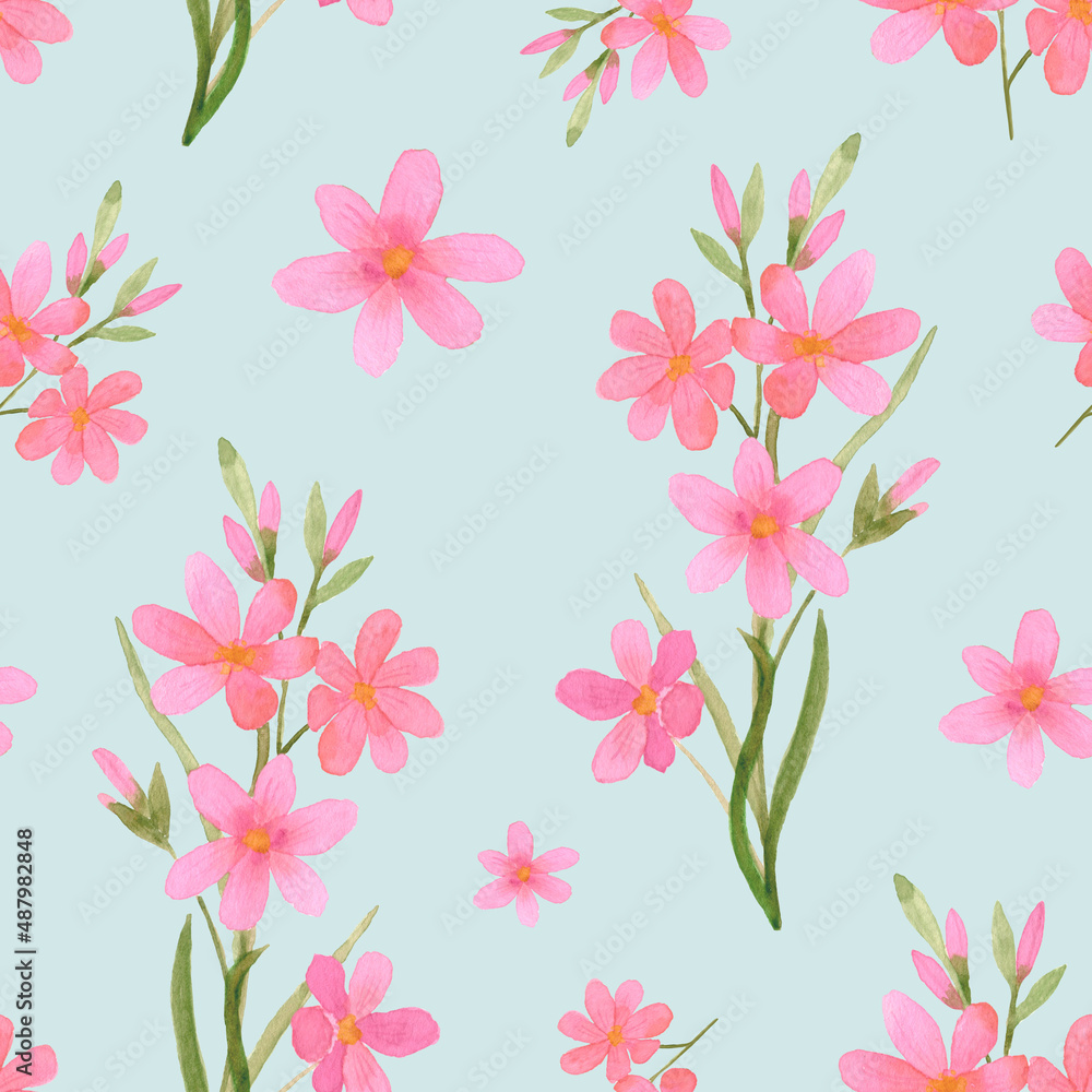 Watercolor floral background. Watercolor seamless pattern with pink wildflowers. A branch of flowers on blue background.