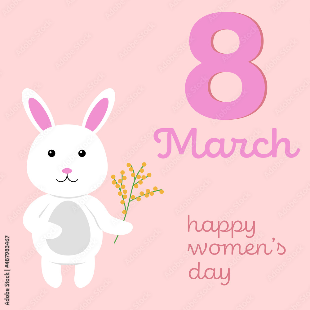 8 march card. Funny rabbit with mimosa and number eight on pink background. Vector illustration for Women's day	