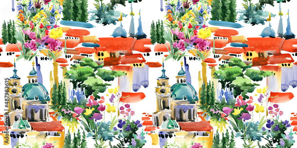 watercolor summer town seamless pattern. Architecture of Europe print. Roofs of the old city