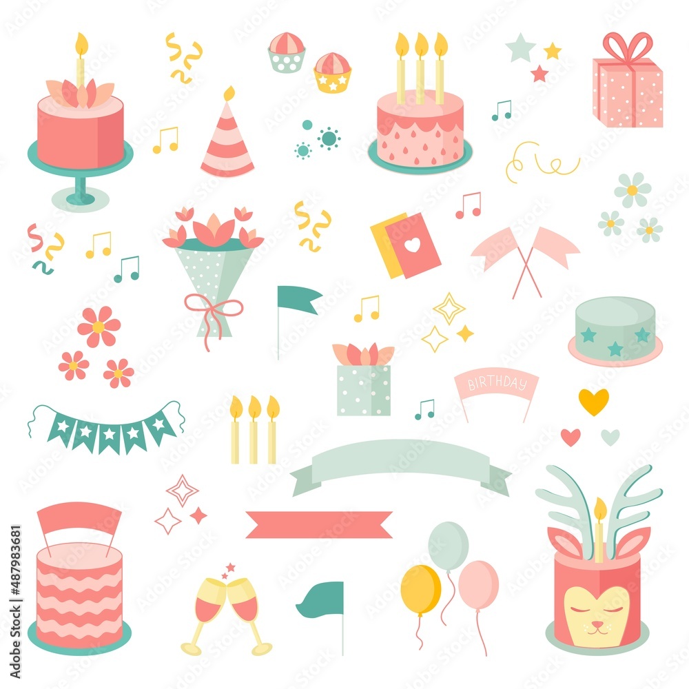 Birthday elements set. Icons. Balloons, present, cake, candle, gift box, cupcake. Party flat design elements. Isolated vector illustration