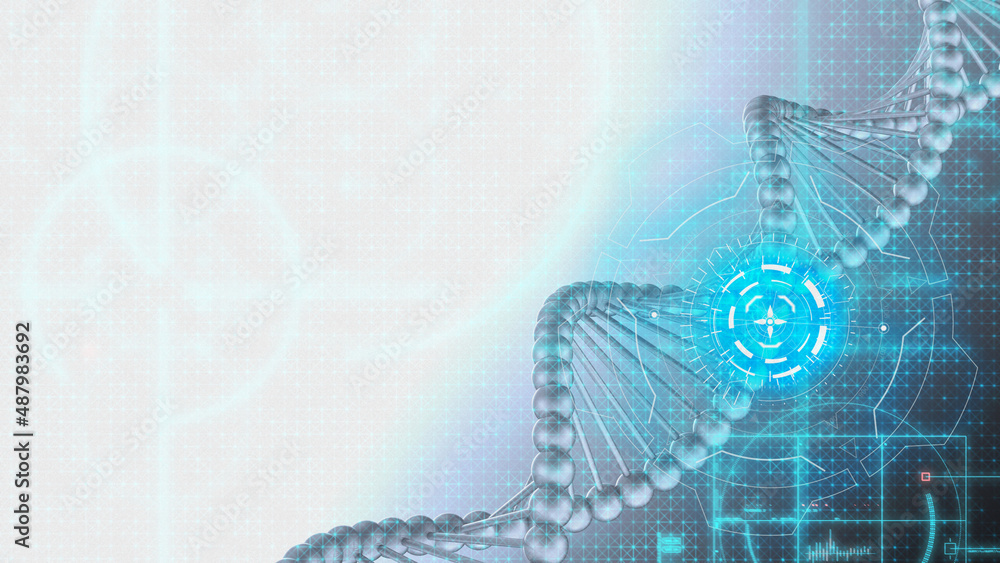 Science Molecular Silver DNA Model Structure with technology HUD blue elements. Concept image of vaccine development, regenerative and advanced medicine. 3D illustration CG. Science Molecular Silver DNA Model Structure with technology HUD blue elements. Concept image of vaccine development, regenerative and advanced medicine. 3D illustration CG.