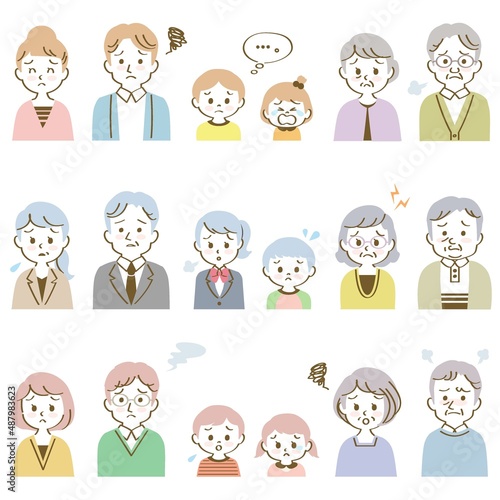 イラスト素材セット：悩み事のある表情で正面を向いた3組の3世代家族（バストアップ/手描き風主線あり）
