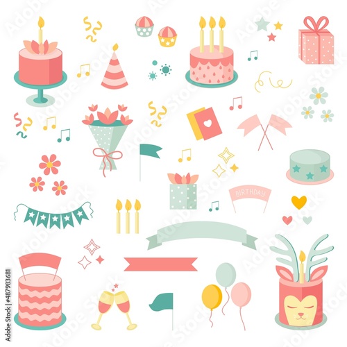 Birthday elements set. Icons. Balloons  present  cake  candle  gift box  cupcake. Party flat design elements. Isolated vector illustration