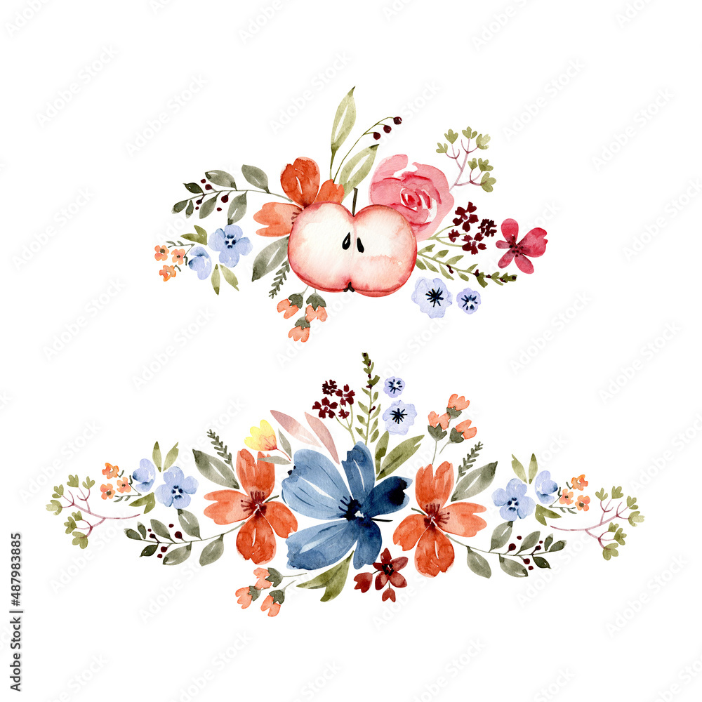 Set of Watercolor bouquets with flowers and an apple on a white background. hand painted for design and invitations. Set of Watercolor bouquets with flowers and an apple on a white background. hand painted for design and invitations.