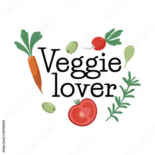Veggie lover typescript text decorated with hand drawn fresh vegetables, isolated vector illustration