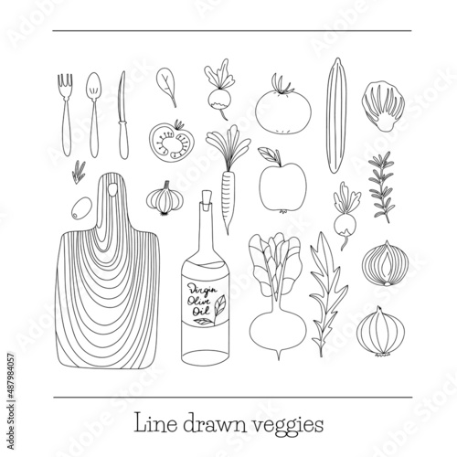 Set of line doodle different vegetables, cutting board, olive oil bottle. Isolated on white background vector illustration