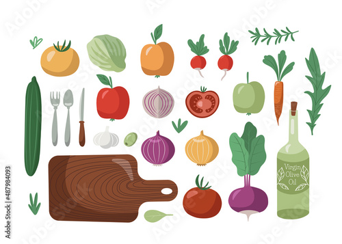 Set of hand drawn flat style different vegetables, cutting board, olive oil bottle. Isolated on white background vector illustration