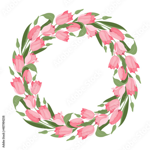 A wreath of tulips and leaves. Suitable for postcards and invitations. Vector