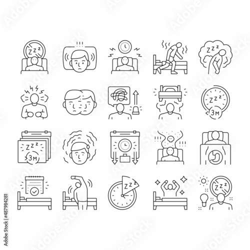 Insomnia Person Chronic Problem Icons Set Vector .