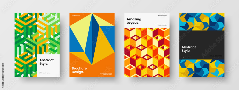 Vivid geometric pattern book cover template bundle. Bright poster design vector layout composition.