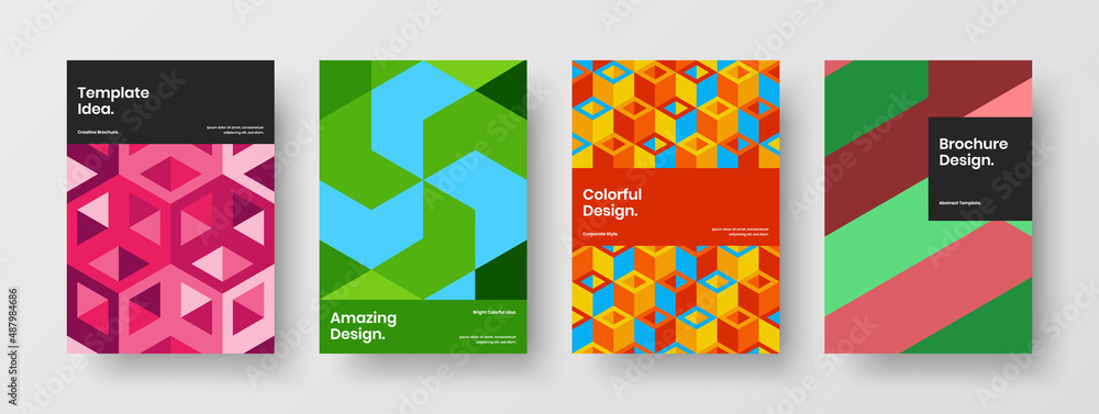 Trendy annual report vector design illustration set. Vivid mosaic shapes brochure template bundle.