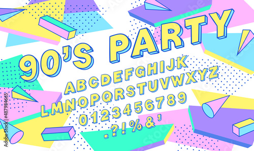 90s style font alphabet. Doodle font. Colorful typography. Doodles alphabet letters, numbers, punctuation marks. Trendy geometric shapes background. Nostalgia for the 90s.