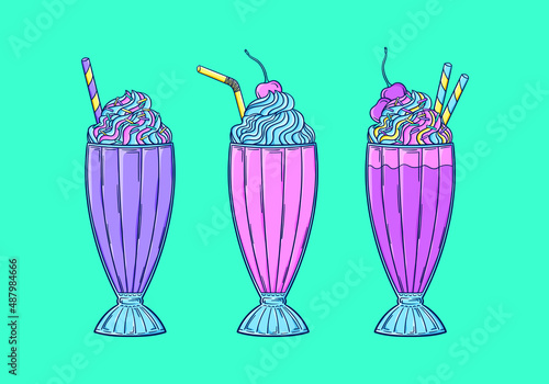 90s style milkshake illustration. Retro sweet ice cream dessert pop art vector. 90s style vector. 1990s trendy illustration. Nostalgia for the 90s.