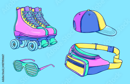 90s fashion illustration. Retro roller skates, waist bag, plastic glasses, cap. Party glasses. 90s style vector. 1990s trendy illustration. Nostalgia for the 90s.