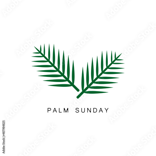 Green palm leaves and the inscription Palm Sunday. Holiday logo. 