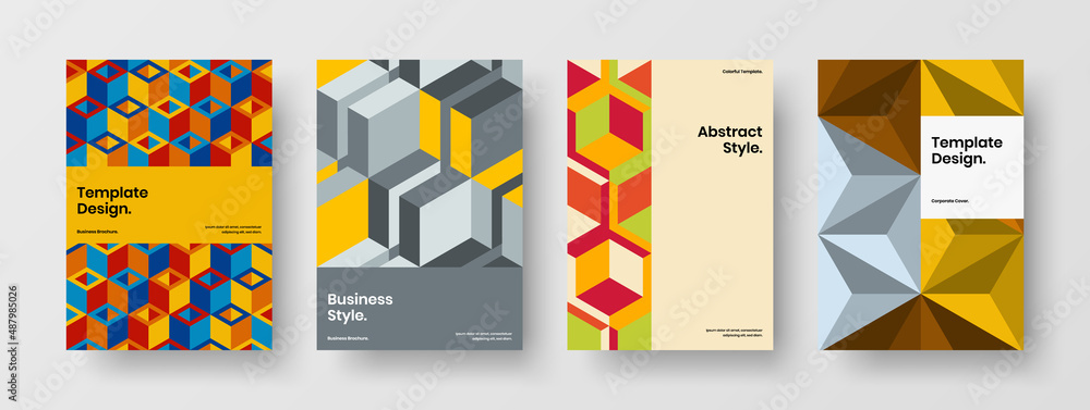 Fototapeta premium Premium corporate cover A4 design vector layout set. Unique geometric tiles leaflet template composition.