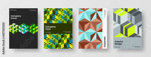 Vivid mosaic hexagons company identity layout composition. Original catalog cover A4 vector design concept bundle.
