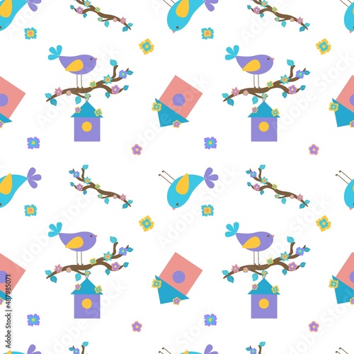 Seamless spring illustration with bird, flowers and birdhouse. For textiles or wrapping paper. Flat illustration.