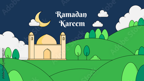 Ramadan Kareem Islamic background with hand drawn landscape design