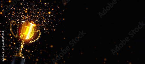 Champion golden trophy isolated on black background, first place, best win symbol.