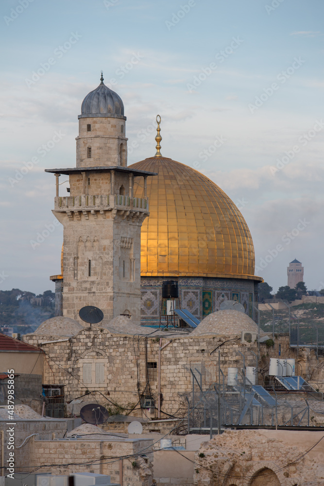Dome on the rock El-Ghawanima minaret in Jerusalem - vertical image