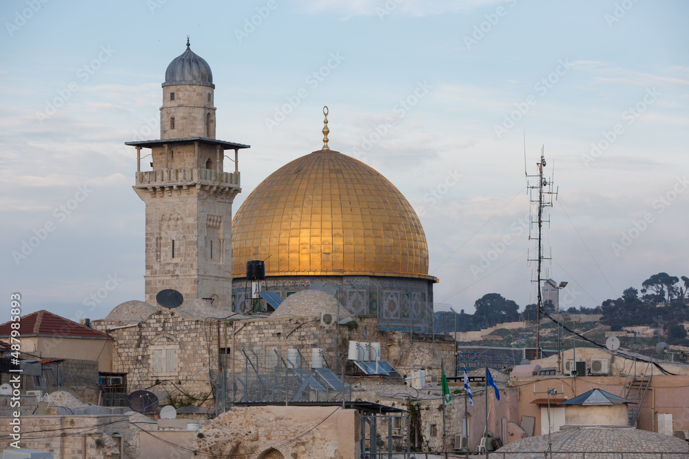 Dome on the rock and El-Ghawanima minaret in Jerusalem