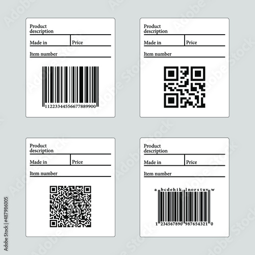 Labels with a barcode. A set of stickers with barcodes and QR codes for marking brands. Commercial, industrial codes and customer qr codes. Isolated on a white background. Vector illustration.