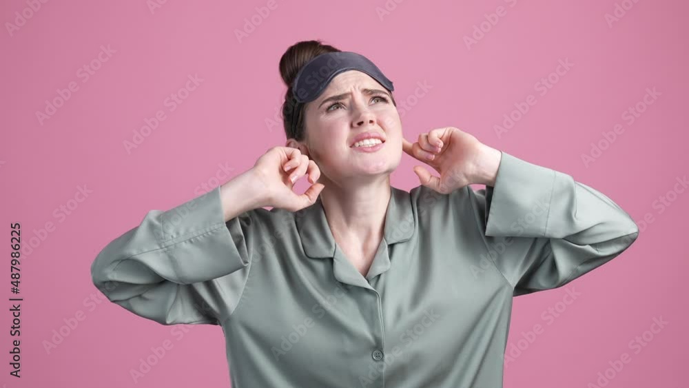 Lady frustrated sound up avoid ignore isolated pastel color background Lady frustrated sound up avoid ignore isolated pastel color background