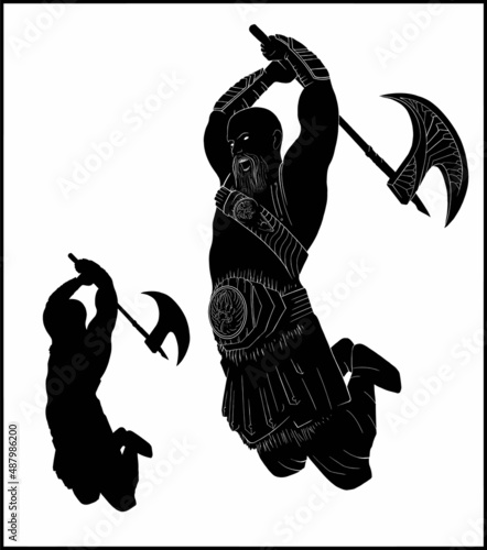 Isolated silhouette of a fierce bald Viking in a jump with bent legs and a large axe in his hands. A screaming, full-length Scandinavian warrior in leather armor with fur, without a background.