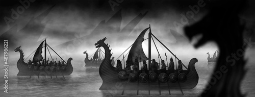 Gloomy illustration with Vikings on dragon boats with shields and sails in a dark water, in a fog among sharp rocks. Fantasy landscape with scandinavian warriors sailing on warships on mysterious sea.