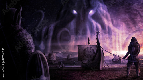 A dark fantasy landscape with frightened Vikings and a emerging from the water large sea monster with a long tentacles. A huge kraken with glowing eyes attacking warships of Scandinavian warriors.