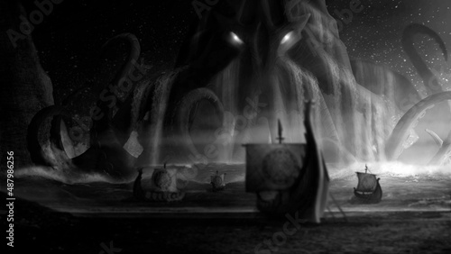 A giant octopus with long tentacles attacked the Viking ships at night in the open sea off the coast. Dark fantasy landscape with a water monster, a kraken with glowing eyes and drakkars with shields.