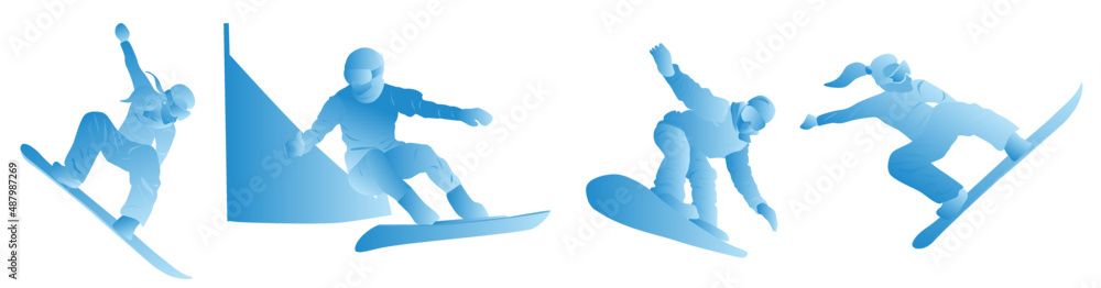 Abstract people doing sports exercises on a snowboard. Vector graphic illustration - obrazy, fototapety, plakaty 