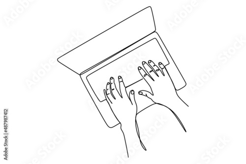 someone working using laptop computer. Dynamic technology and business concept single line graphic draw design vector illustration