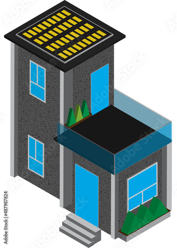 isometric house icon with solar panels