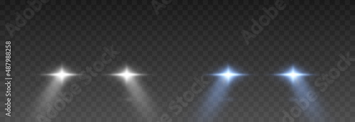 Vector light from the headlights PNG. Light from the headlights of a car on an isolated transparent background. Round headlights, white light PNG. Road lighting. PNG.
