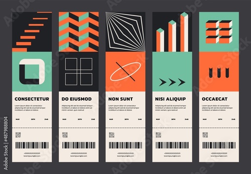 Abstract geometric tickets. Set of minimalist simple flyer set with modern geo shapes, swiss bauhaus style. Vector design
