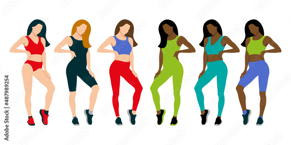 Fitness girls. Girls model posing in sportswear. Flat design. Vector illustration on white background