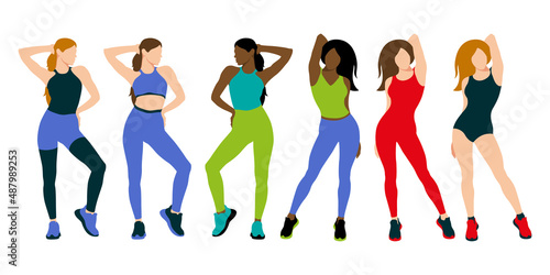 Fitness girls. Girls model posing in sportswear. Flat design. Vector illustration on white background
