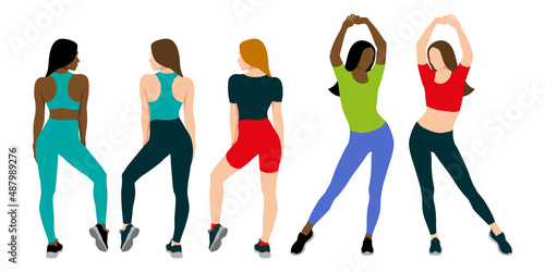 Fitness girls. Girls model posing in sportswear. Flat design. Vector illustration on white background