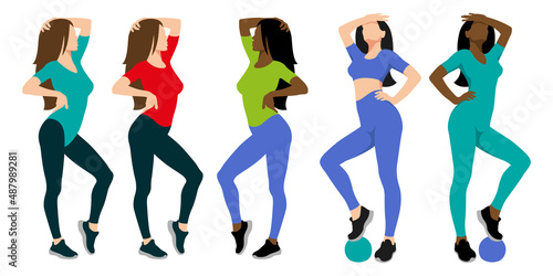 Fitness girls. Girls model posing in sportswear. Flat design. Vector illustration on white background