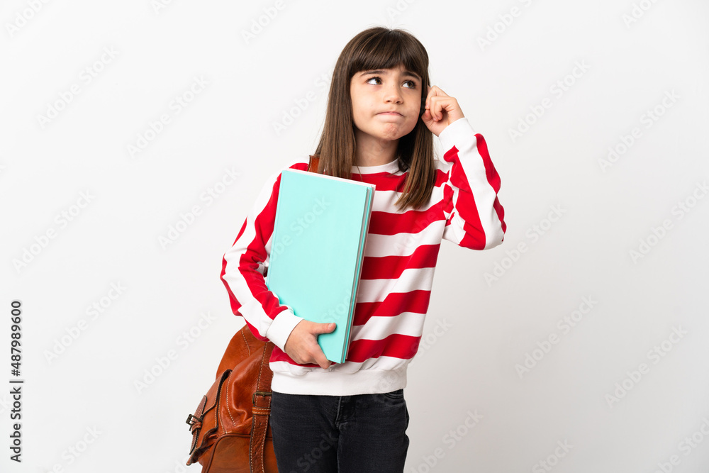 Little student girl isolated on white background having doubts and thinking Little student girl isolated on white background having doubts and thinking