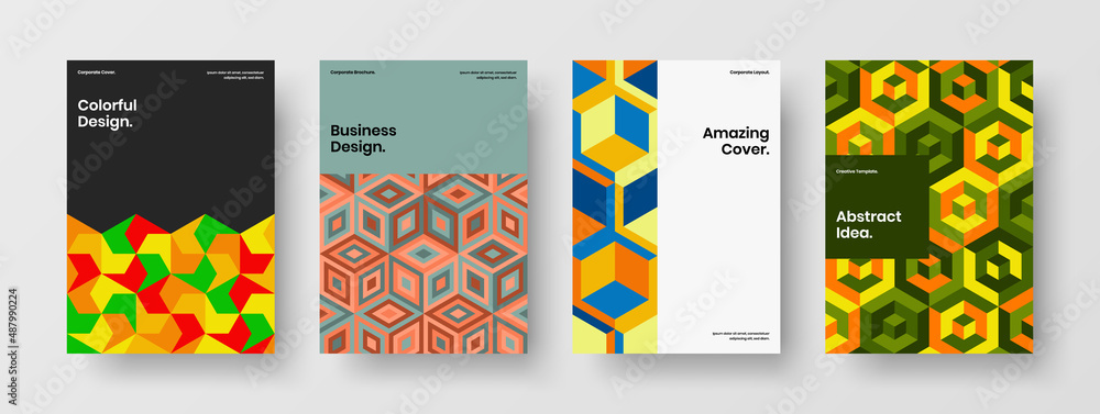 Creative geometric pattern annual report template set. Premium pamphlet A4 vector design concept collection.
