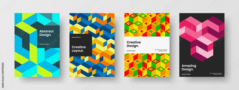 Minimalistic mosaic pattern leaflet illustration composition. Trendy company brochure A4 vector design layout bundle.